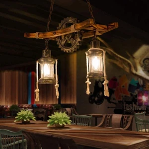 Retro Pendant Lighting Vintage Wood Chandelier Black Metal Cage Frame Decoration - Picture 1 of 9