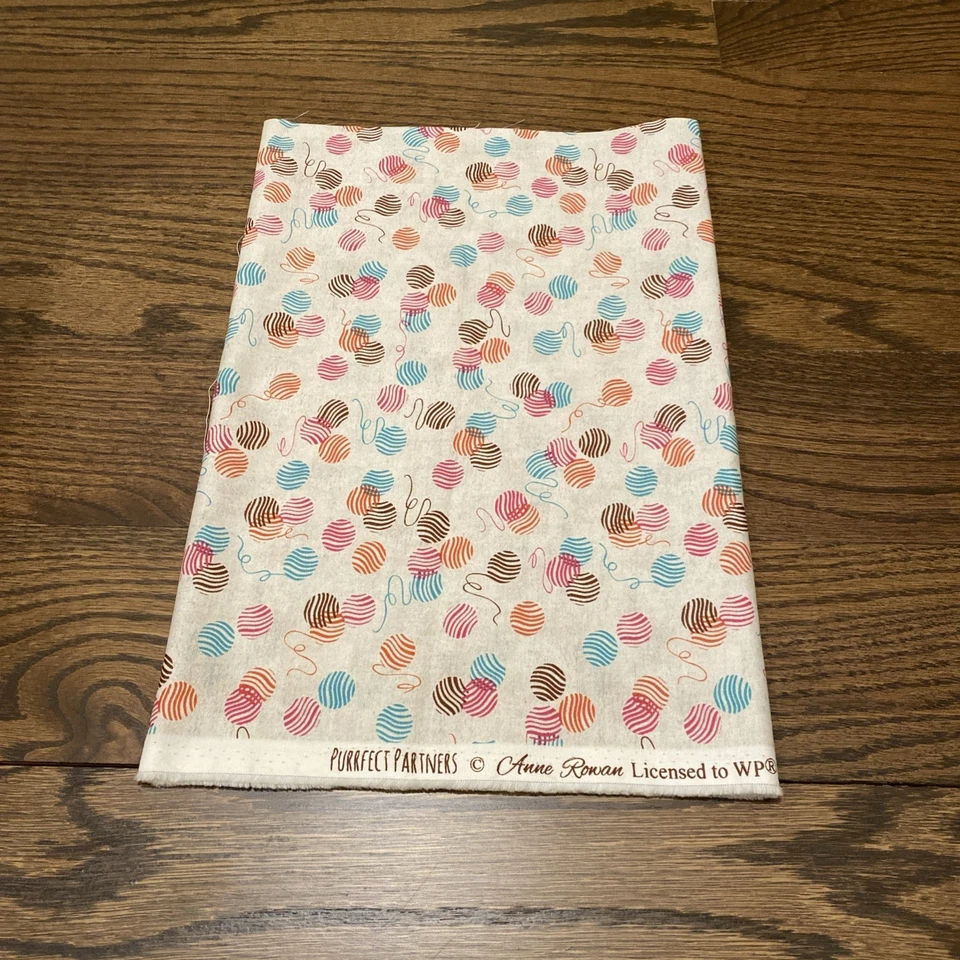 Purrfect Partners by Wilmington Prints Yarn Balls Pink Orange Teal Cat 38"x12" - Image 1 of 1