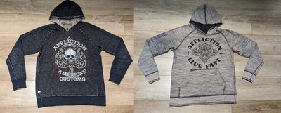 AFFLICTION Y2K Skull Live Fast Hoodie Reversible Black Tan Sweatshirt Large L - Image 1 of 4