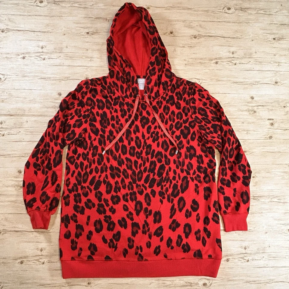 Chico’s Zenergy Red Leopard Hoodie Women’s Size 1 (8/10) Cotton Blend Pullover - Image 1 of 4