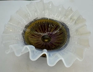Northwood Greek Key White Opalescent Ruffled Edge Footed Bowl Candy Dish - Picture 1 of 7