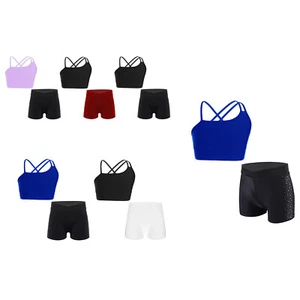 Kids Girls Tracksuits Cross Strappy Back Vest And Boyshorts Set Stage Dancing - Picture 1 of 38