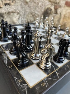 Luxury Brass Chess Set – Wooden Board with Marble-Style Storage Box - Picture 1 of 11