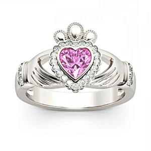 1.25Ct Simulated Sapphire & Diamond Heart Claddagh Promise Ring Sterling Silver - Picture 1 of 4
