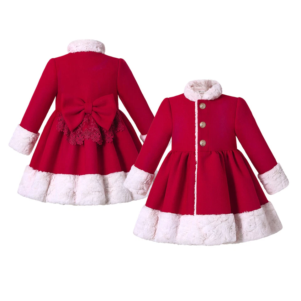 2-12Y Kids Girls Winter Warm Coat w/ Bow Fur FlenceThick Jacket Parka Coat Red - Image 1 of 4