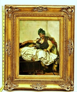 Art Painted Ceramic Tile In Gold Framed Turkish Warrior Signed N. Bing Lam - Picture 1 of 14