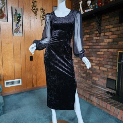 Vtg 80s Goth Vampire Crushed Stretch Velvet Wiggle Cocktail Balloon Slv Dress M - Image 1 of 4