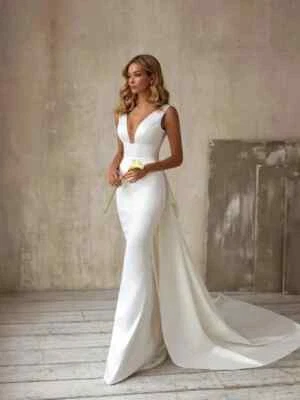 Sexey Satin Elegant Wedding Dress Mermaid Formal Deep V Neck Backless Sleeveless - Image 1 of 4