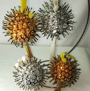 4 Handmade Gold and Silver Sequin & Beaded SPUTNIK Christmas Ornaments 1960's - Picture 1 of 4