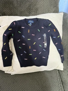 Polo Ralph Lauren Girls Knit Sweater Navy All Over Size 5 Logo New Free Ship New - Picture 1 of 3