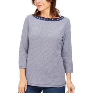 Karen Scott Striped Boat Neck 3/4 Sleeve Top Lace Up Detail XS NWT - Picture 1 of 9