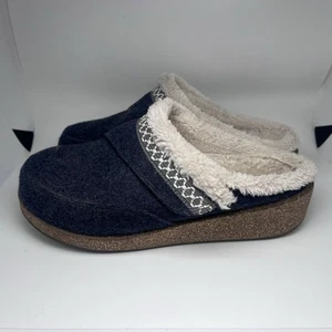 OrthoFeet Slippers Womens 8.5 Wide Navy Wool Faux Fur Comfort - Picture 1 of 4