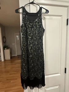 Women's 1920s Gatsby Style Sequined Embellished Fringed Flapper Dress L Black - Picture 1 of 13