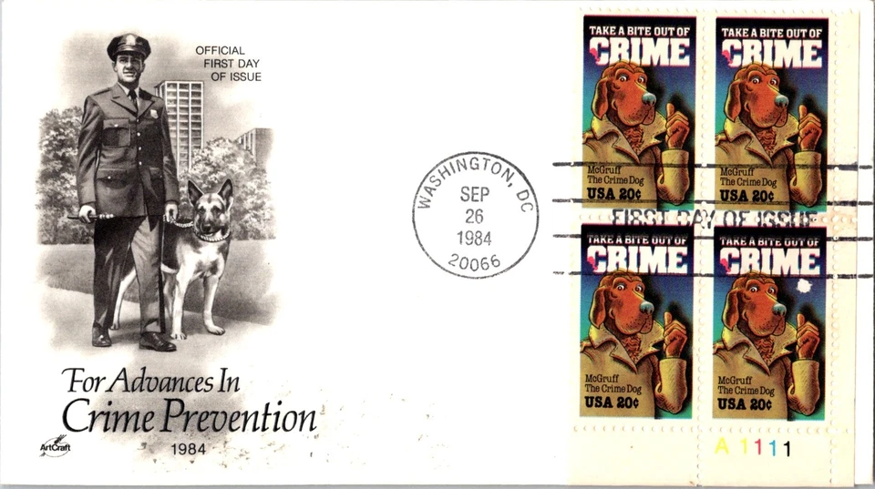 Vintage FDC USPS Scott #2102 McGruff The Crime Dog Block Of 4 c1984 Artcraft - Image 1 of 4