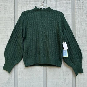 CeCe Pullover Cable Knit Sweater Balloon Sleeve Dark Green Size Medium Womens - Picture 1 of 19