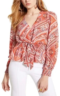 Camisa Boho Guess Manga Larga Multicolor Cintura Cintada Pequeña Western Corbata Frontal Foto 1 de 4