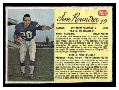 1963 Post Cereal CFL Fútbol Jim Rountree #49 Toronto Argonauts Bajo Grado Medio Foto 1 de 2
