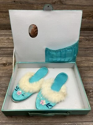 Zapatillas Boudoir Vintage Azul Bordado Bordado Flores Caja de Almacenamiento Talla 6 Foto 1 de 4