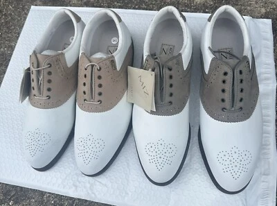 美津浓女式皮革高尔夫鞋白色棕色 9.5 码马鞍牛津全新带标签 2 对 — 第 1/4 张图片