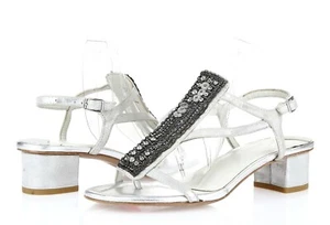 Donald J Pliner Silver Metallic Fancy Jeweled Buckle Ankle Strap Sandals Size 6 - Picture 1 of 6