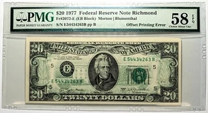 1977 $20 Federal Reserve Note Richmond Fr#2072-E PMG Ch AU 58 EPQ Offset Error - Picture 1 of 3