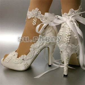 su.cheny Ribbon anklet white ivory satin open toe heel Wedding Bridal shoes size - Picture 1 of 14