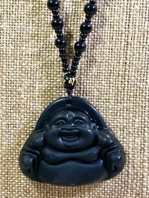 天然黑色黑曜石大肚佛护身符吊坠项链 24 英寸珠子 — 第 1/4 张图片