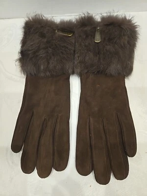 MICHAEL KORS Genuine Fur Cuff  Leather Gloves  Brown Cashmere Lined Sz 7 - Image 1 of 4