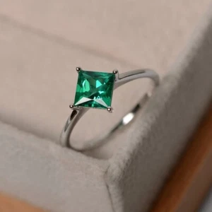 1.50 Ct Princess Cut Real Emerald & Diamond Engagement Ring 14K Solid White Gold - Picture 1 of 7