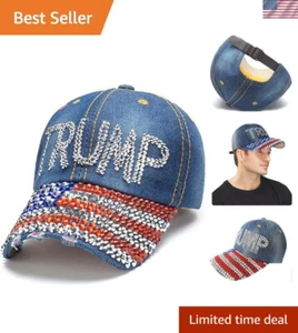 Stylish Distressed Denim Cap with Rhinestones - Perfect for All- Wear - Picture 1 of 8