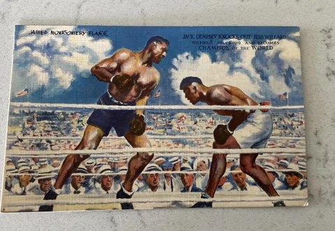 BOXING 1940s Postcard Jack Dempsey Restaurant, Willard Match. Printed Signature Cover