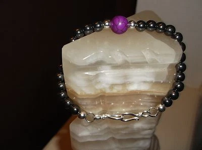 PULSERA DE PLATA ESTERLINA HECHA A MANO PARA HOMBRE/MUJER 8 MM HEMATITA NEGRA/PÚRPURA TURQUESA  Foto 1 de 4