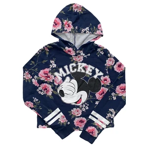 H&M Girls Mickey Mouse Hoodie Navy Blue Floral Long Sleeve Hooded Shirt Size 14Y - Picture 1 of 4