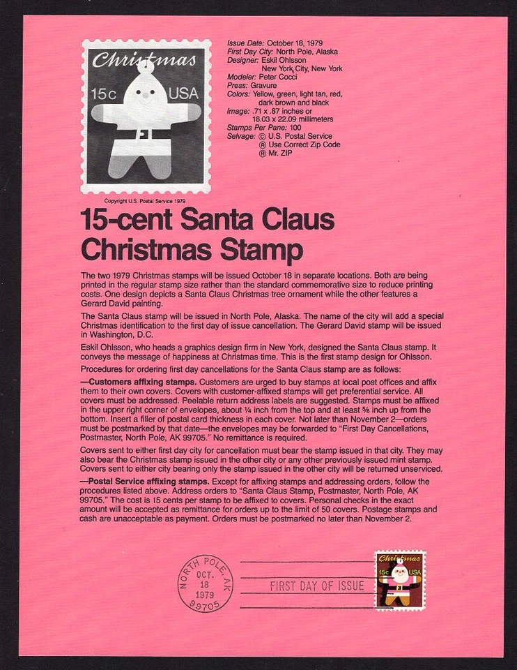 USPS Souvenir Page Scott 1800, Santa Claus, 15 cents - Image 1 of 1