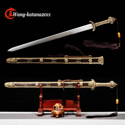 High End Chinese Kung Fu Ancient Sword Damascus Folded Steel Double Edge Jian  - Image 1 of 4