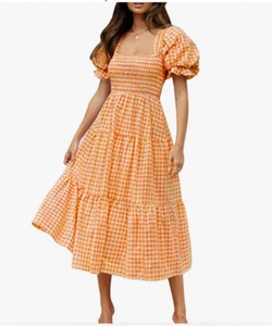 Jollycode Women's Bohemian Summer Plaid Square Neck Puff Sleeve Ruffle Orange XL - Picture 1 of 6