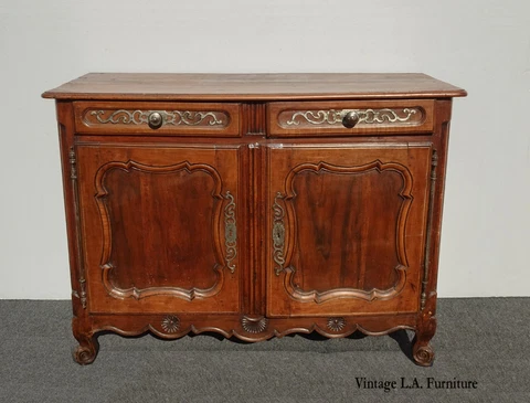 Antique French Country Rustic Solid Wood Sideboard Buffet w Metal Hardware Cover
