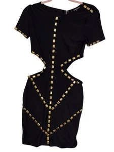 GOODTIME USA Cut Out Gold Studded Black Dress Size M Full Zip - Picture 1 of 17