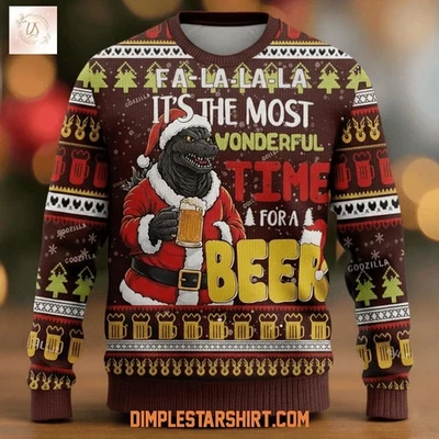 Godzilla Beer Christmas Knitted Ugly Christmas Sweater Xmas Party Apparel - Image 1 of 4