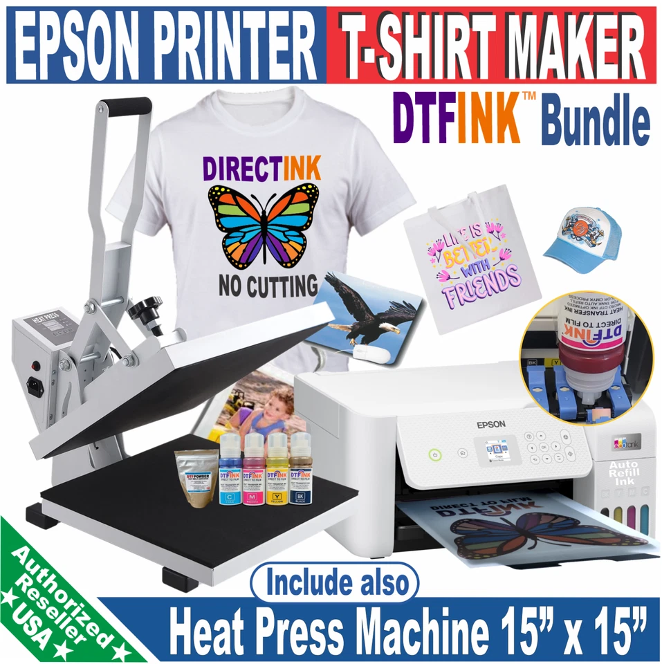 Epson Printer with DTF ink Heat Press 15x15 Pro Printing T-shirt Full Bundle Kit - Image 1 of 4
