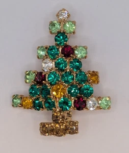 Vintage Christmas Tree Pin Gold Tone Multicolor Round Rhinestones - Picture 1 of 4