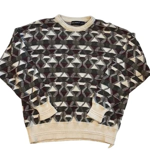 Vintage Dad Sweater Mens XL Beige Abstract 3D Crew Neck Pullover Long Sleeve 90s - Picture 1 of 9
