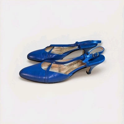 Bombas de salto gatinho Johansen vintage azul royal de couro biqueira pontiaguda com tiras 7,5M - Imagem 1 de 4