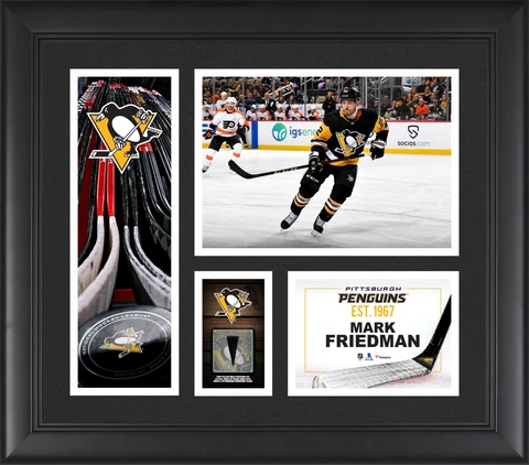 Mark Friedman Penguins FRMD 15" x 17" Player Collage with a Piece of GU Puck Cover