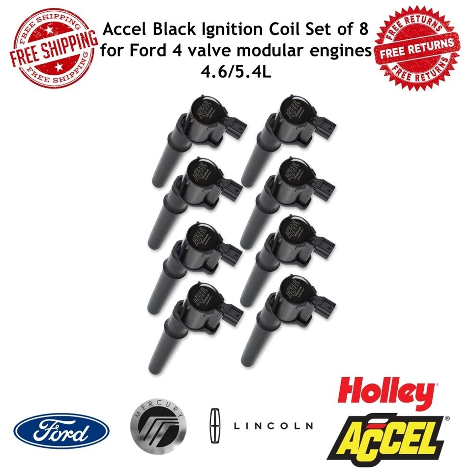 Juego de 8 bobinas de encendido Accel negras para motores modulares Ford 4 válvulas 4,6/5,4 L Foto 1 de 4