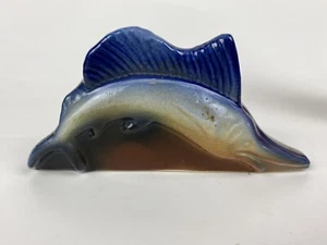 Vintage Miniature Ceramic Blue SWORDFISH Figurine US Revenue Tax Paid Sticker - Picture 1 of 5