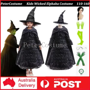Kids Wicked Elphaba Costume Cosplay Wig Dress Girls Witch Fancy Dress Book Week - Picture 1 of 29