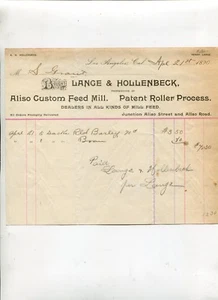 Molino de alimentación personalizado vintage Billhead LANGE & HOLLENBECK Los Ángeles 1890 - Imagen 1 de 1