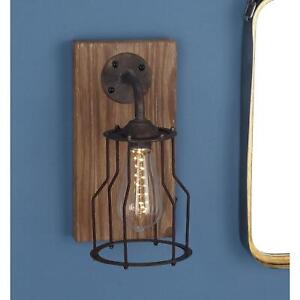 Rustic Industrial LED Wall Sconce, Battery Operated, Wood Base, Metal Cage Shade
