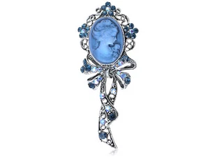 Pretty Blue Sapphire Diamante Rhinestone Cameo Maiden Ribbon Bow Pin Brooch Gift - Picture 1 of 4
